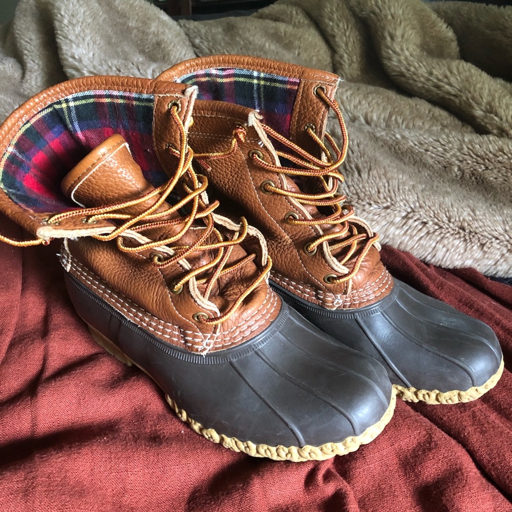 L.L. Bean duck boots tumbled leather plaid flannel lined thinsulate